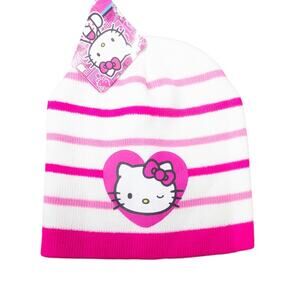 Hello Kitty Big Girls Beanie Hat Pink White Stripe Heart